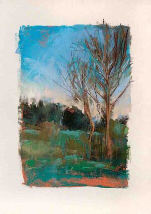 A springtime print with dark emerald greens and cyan hues, bordered by burnt orange.