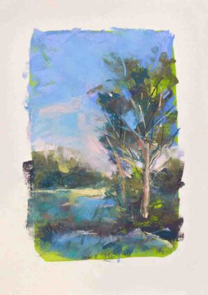 August #31 captivates with blues, purples, and pinks painting the sky, late afternoon light bouncing off of the print's greenery.