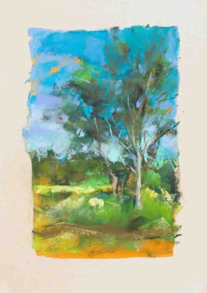 August #33 is a print with rich greens and vivid oranges that capture a dense lawn through the use of thick pastel strokes, at the tail end of summer.