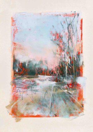A glacier-like print where the icy ground is captured with white pastels and glassy-like texturing, emphasized by energetic sporadic oranges.
