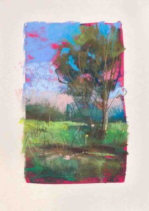 July #28 uses a dazzling magenta to create a warm, pinkish haze across the print's landscape.