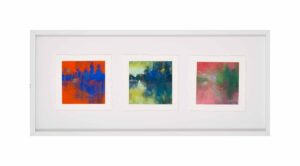 Three separate landscapes with bright, neon-like pastels capture the same forested lakeside during different times of day.