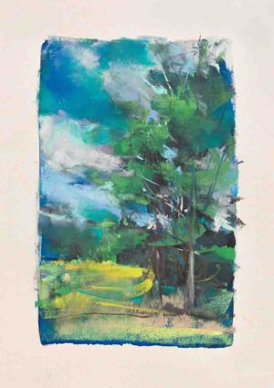 September #37 is a print that utilizes deep cyan pastels alongside lush, rampant strokes of green that begin to fade in the autumn season.