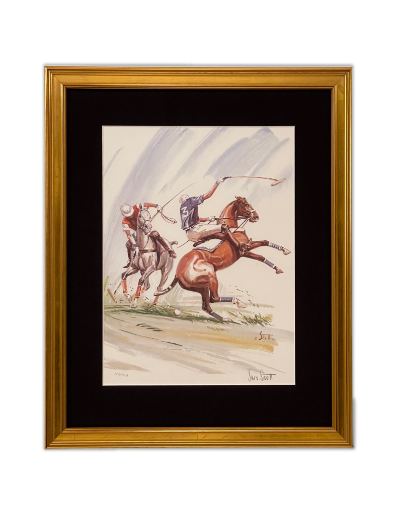 Custom Framing of an equestrian piece of art. Golden frame.