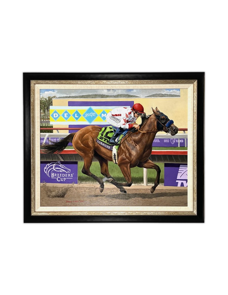 Custom Framing of an equestrian piece of art. Black and gold frame with light mat.