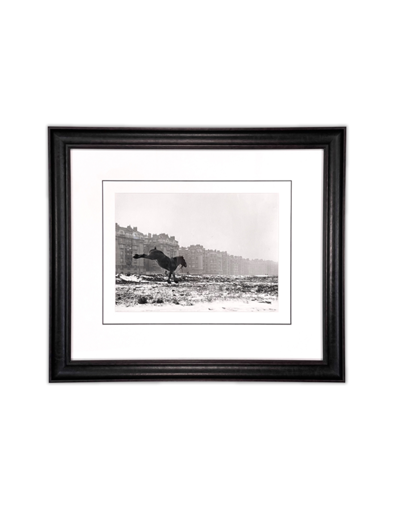 Custom Framing of an equestrian piece of art. Black frame with white mat.