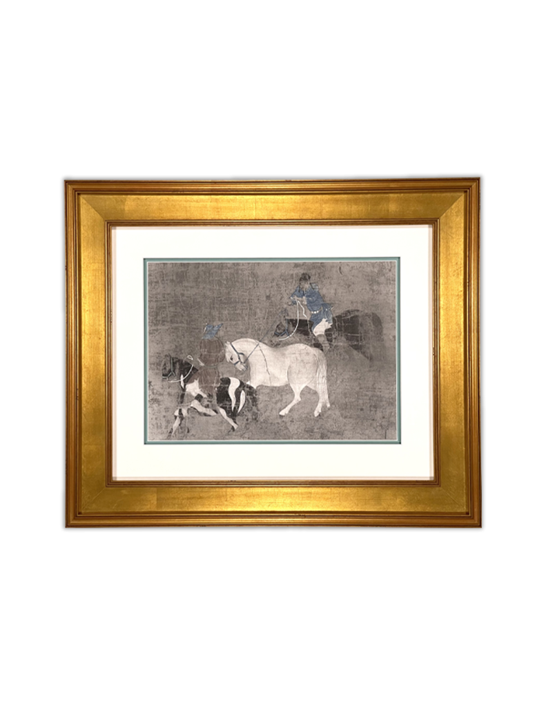 Custom Framing of an equestrian piece of art. Gold frame with white mat.