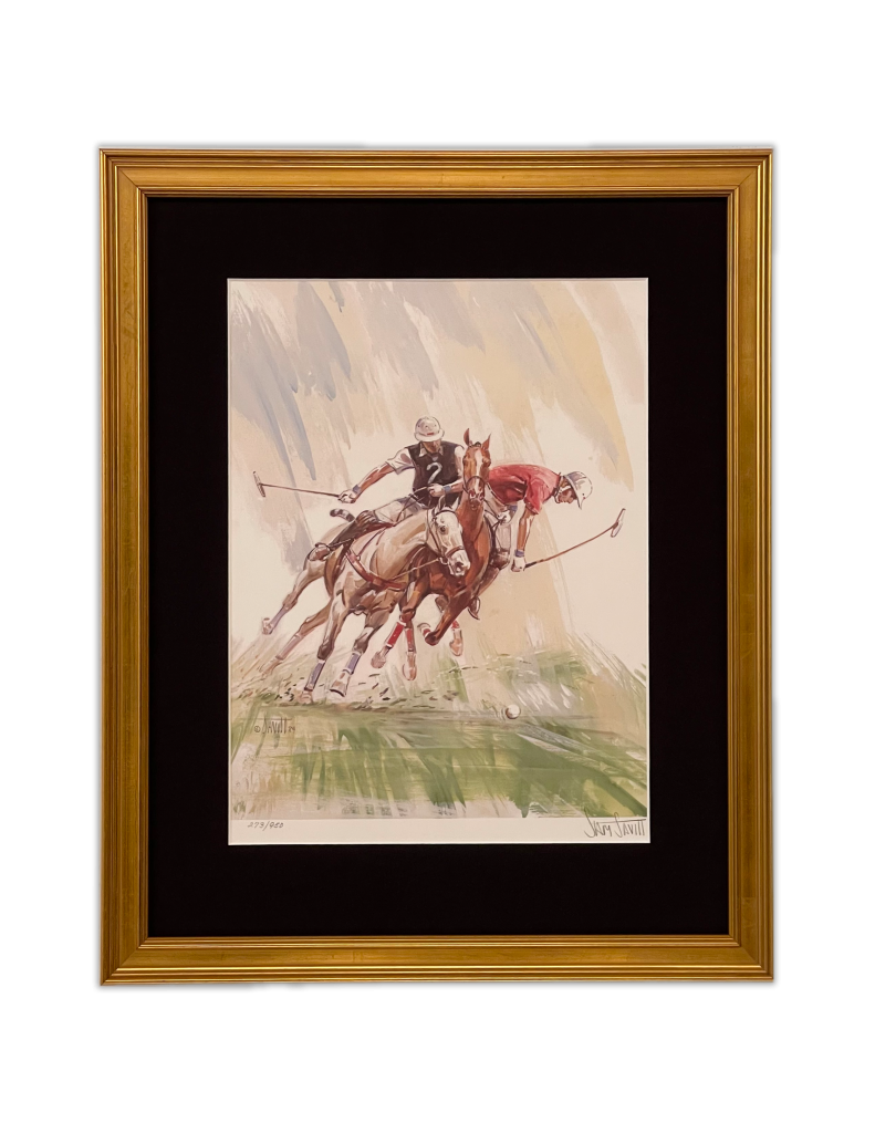 Custom Framing of an equestrian piece of art. Golden frame.
