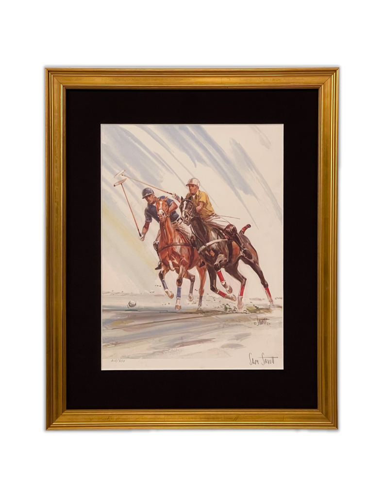 Custom Framing of an equestrian piece of art. Golden frame.