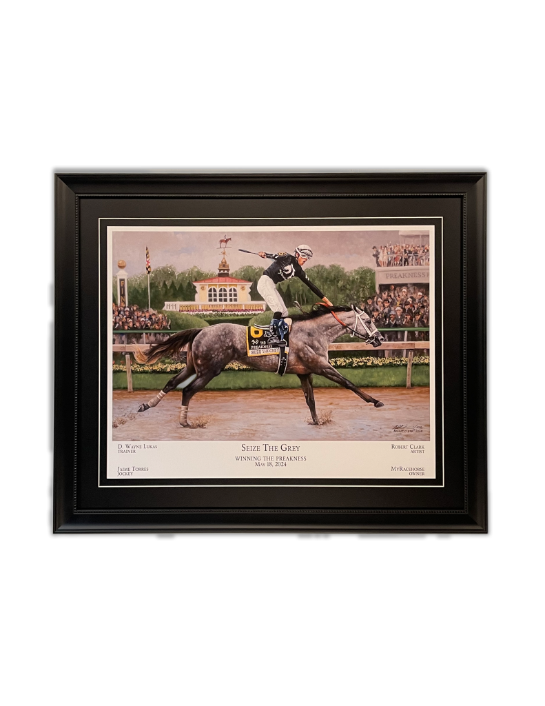 Custom Framing of an equestrian piece of art. Black frame.