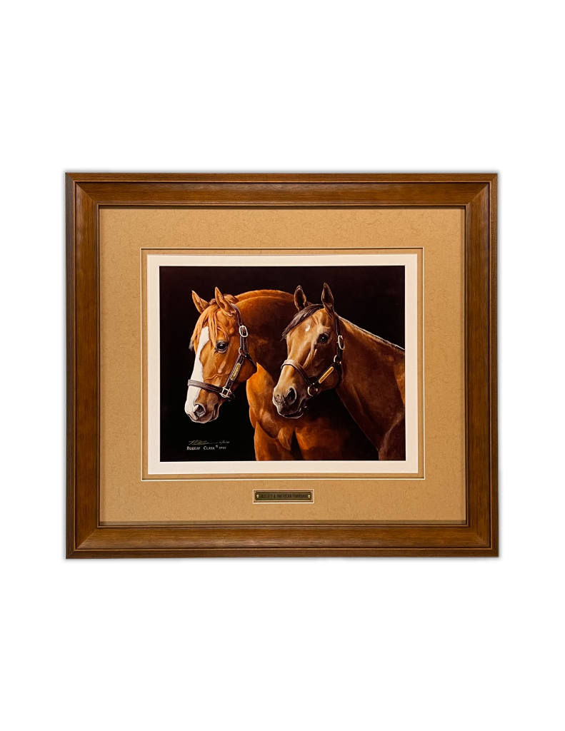 Custom Framing of an equestrian piece of art. Wooden frame with light brown mat.