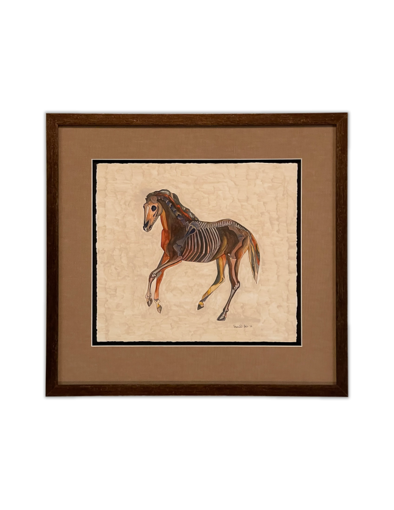 Custom Framing of an equestrian piece of art. Wooden frame with light brown mat.