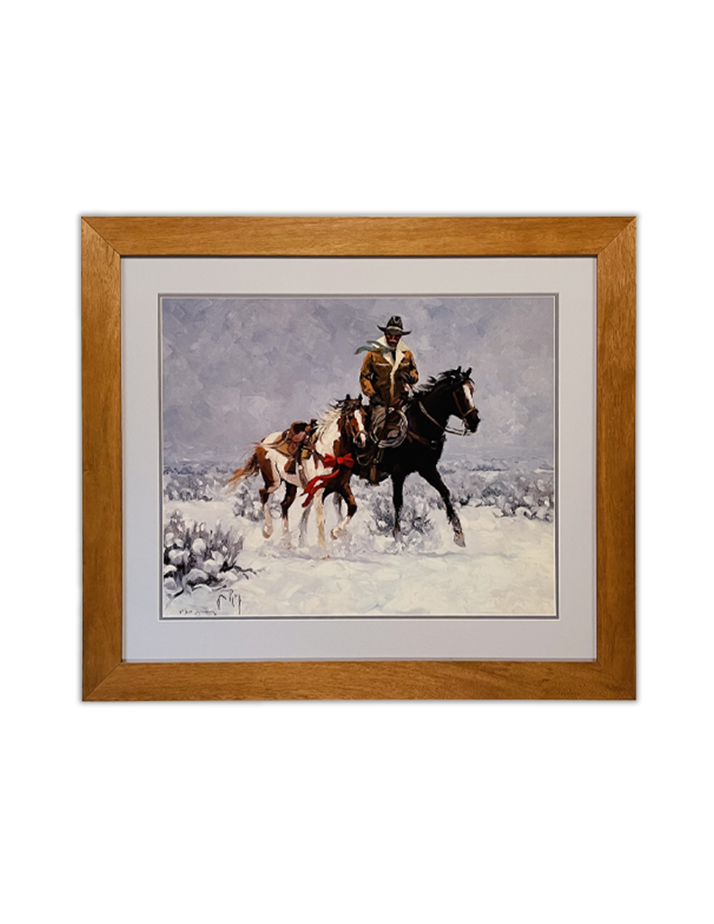 Custom Framing of an equestrian piece of art. Wooden frame with light grey mat.
