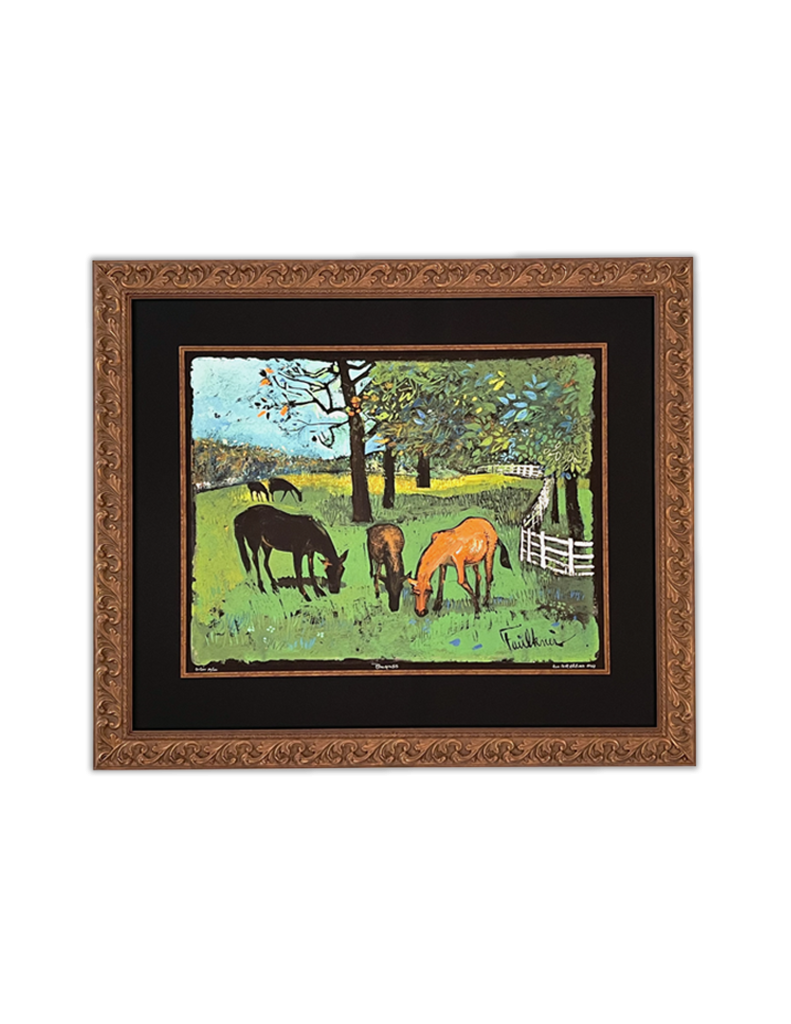 Custom Framing of an equestrian piece of art. Wooden frame with black mat.